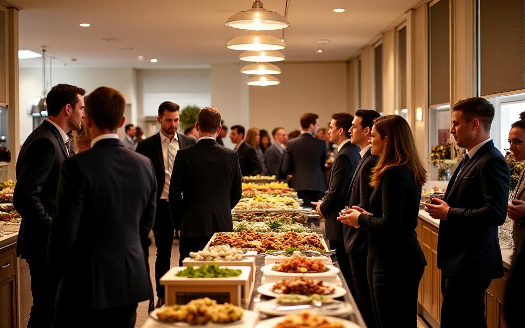 Guests mingling at a sophisticated corporate event catered by Emerald Roots, featuring elegant decor.
