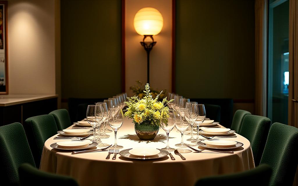 The private dining room at Emerald Roots set for an exclusive dinner with elegant table settings.