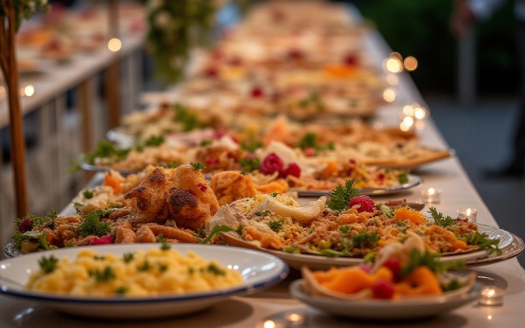A beautiful culinary display at an elegant wedding reception, showcasing Emerald Roots' catering.