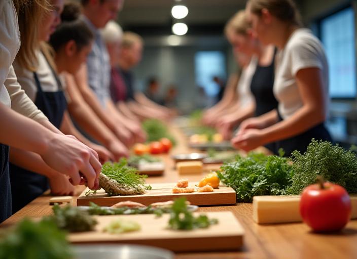 Guests participating in a hands-on culinary workshop at Emerald Roots.