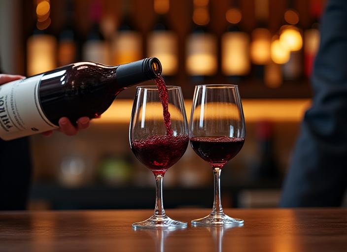 A sommelier pouring a glass of red wine next to a selection of bottles.